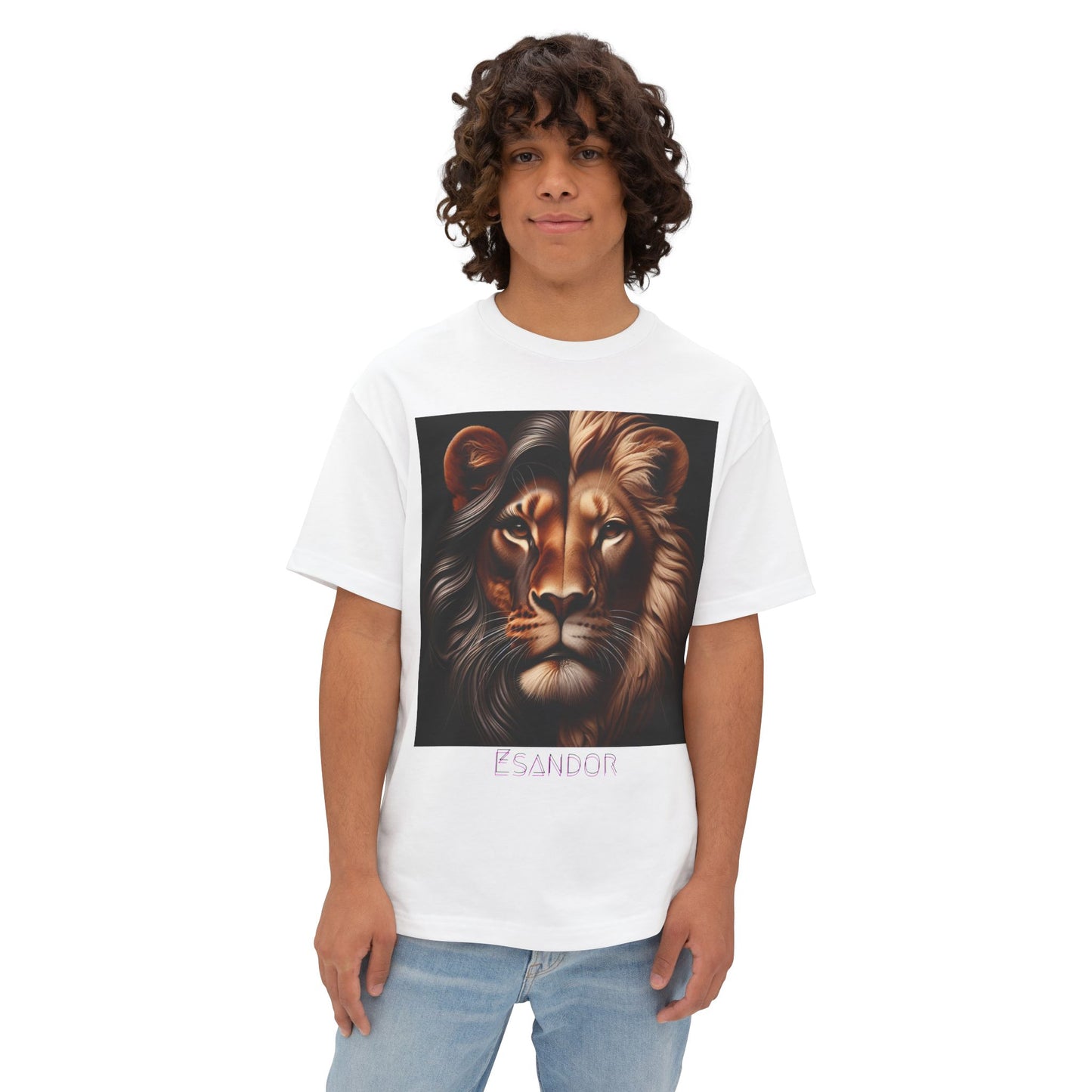 Esandor Unisex Oversized Boxy Tee - Bold Lion Design for Nature Lovers