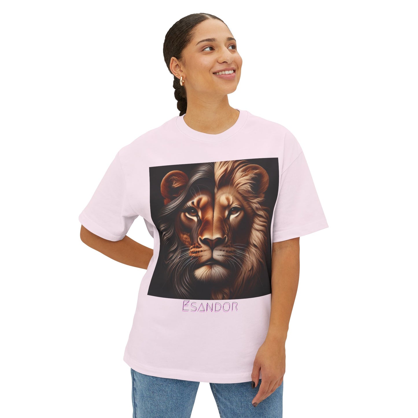 Esandor Unisex Oversized Boxy Tee - Bold Lion Design for Nature Lovers