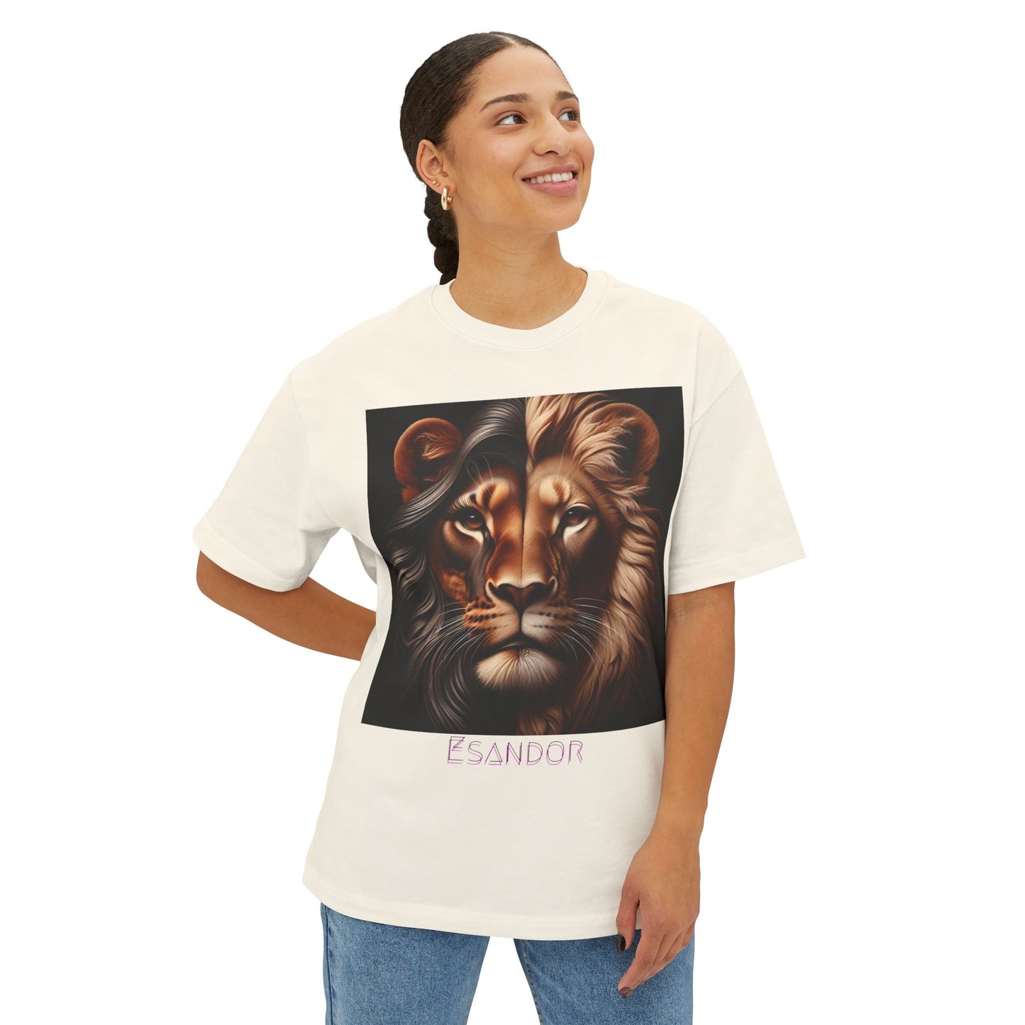 Esandor Unisex Oversized Boxy Tee - Bold Lion Design for Nature Lovers