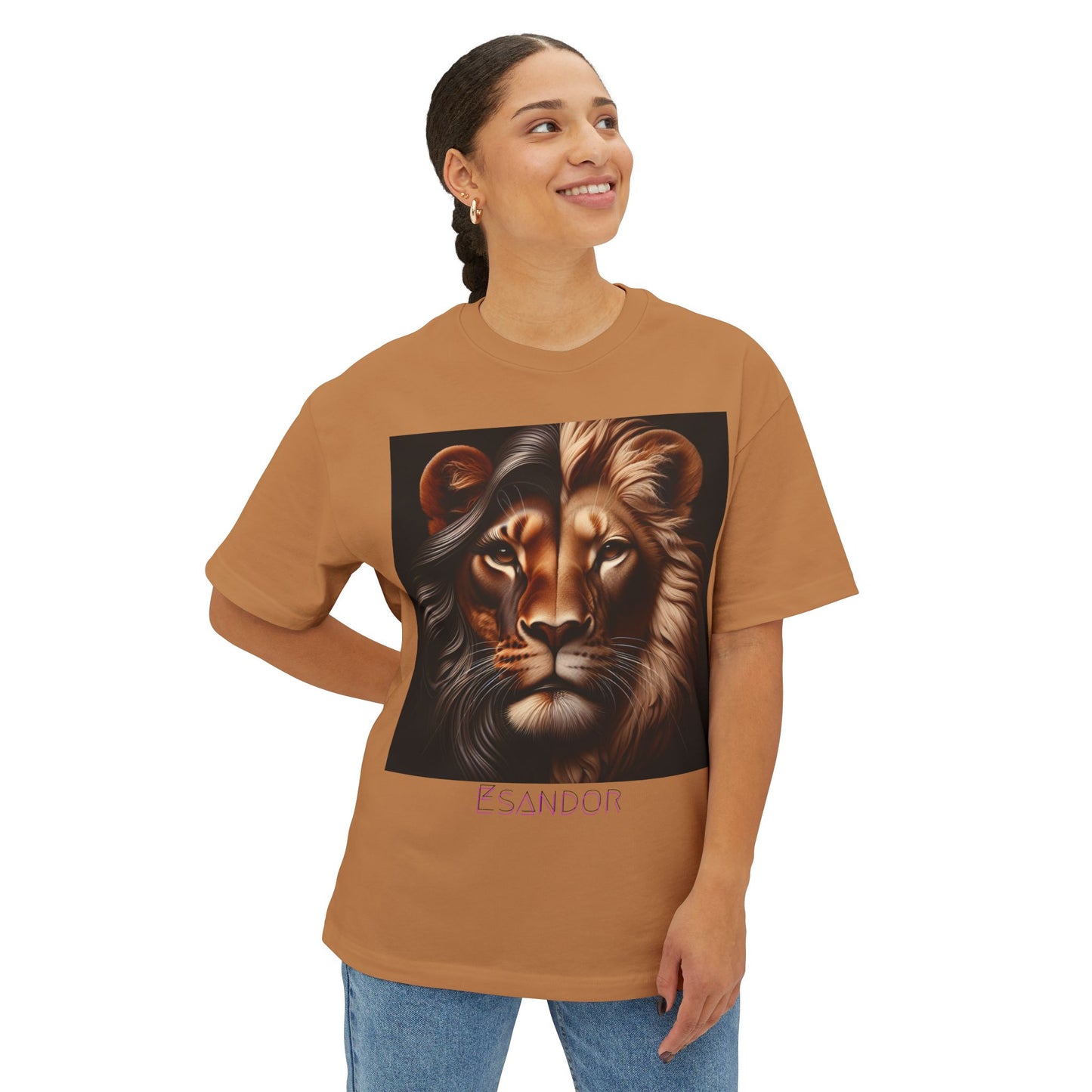 Esandor Unisex Oversized Boxy Tee - Bold Lion Design for Nature Lovers