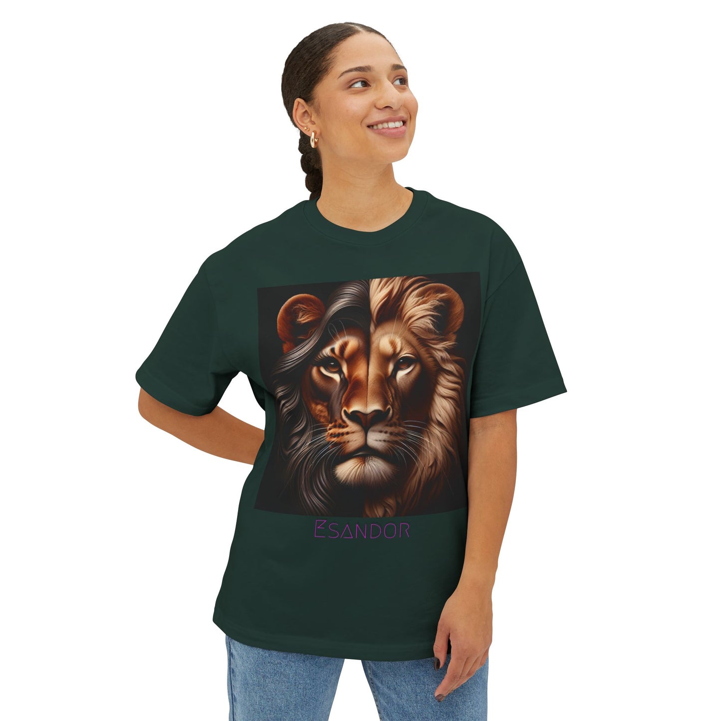 Esandor Unisex Oversized Boxy Tee - Bold Lion Design for Nature Lovers