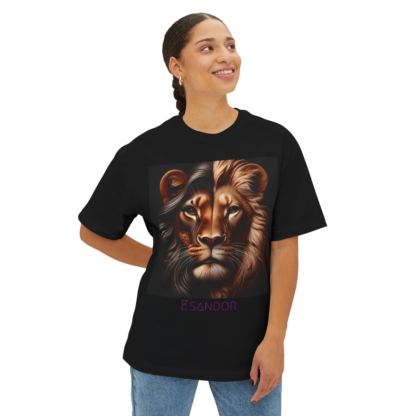 Esandor Unisex Oversized Boxy Tee - Bold Lion Design for Nature Lovers