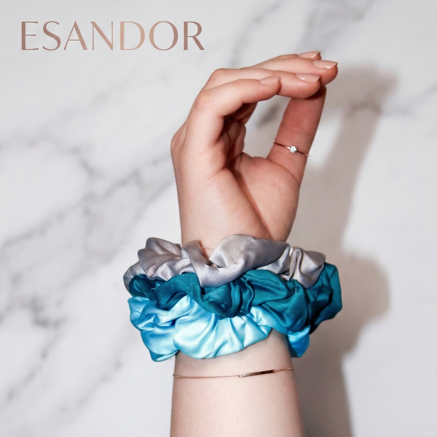 Ocean Blue Satin Scrunchie Set of 3