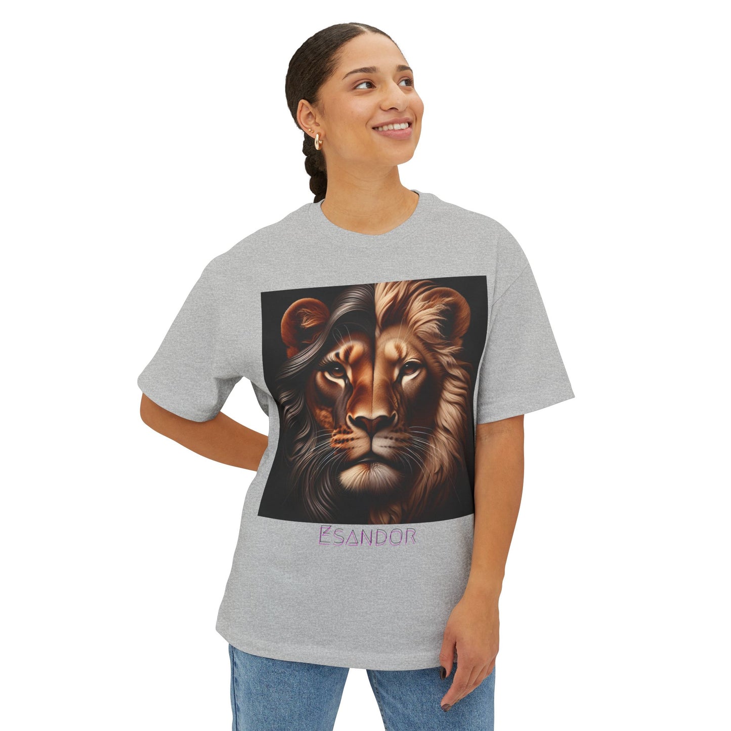 Esandor Unisex Oversized Boxy Tee - Bold Lion Design for Nature Lovers