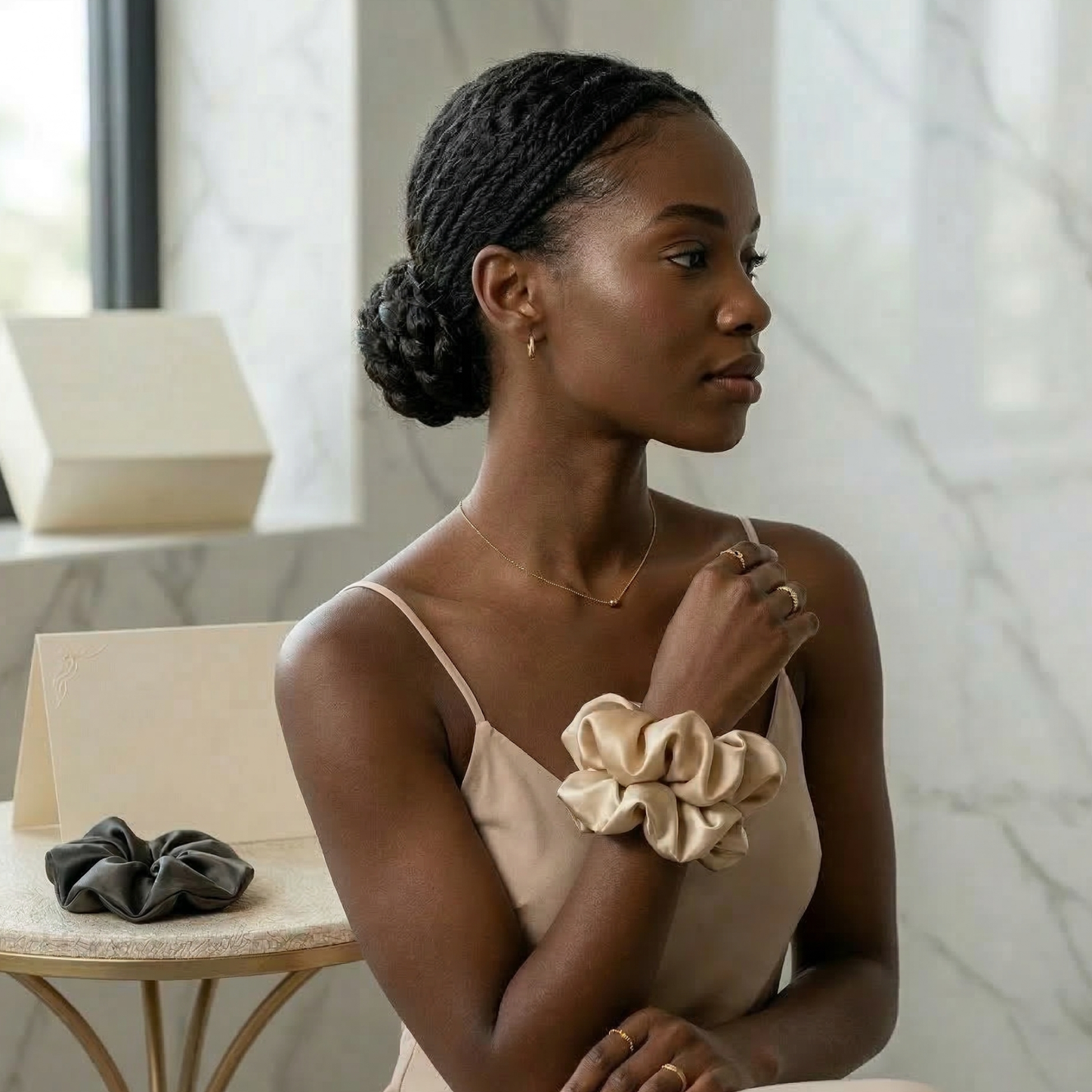 Esandor | Premium Champagne Gold Satin Silk Scrunchie — Anti-Breakage Hair Tie