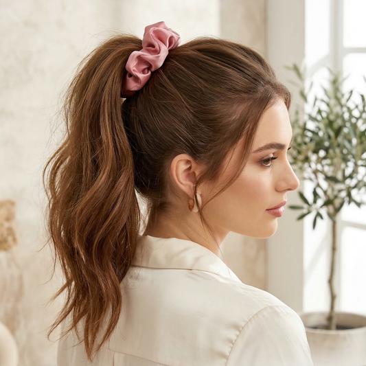 Woman with a high ponytail wearing a pink scrunchie, sitting indoors.