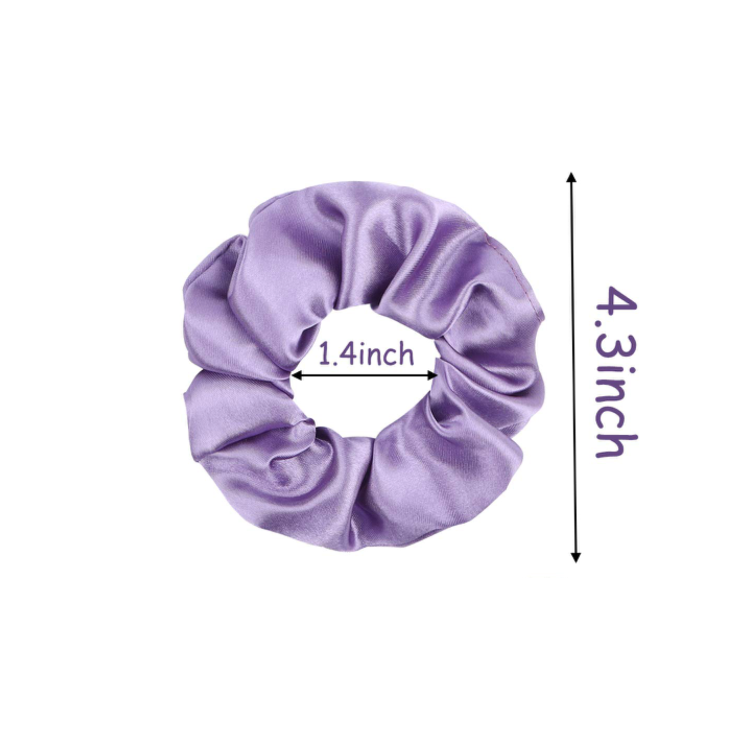 Purple scrunchie with measurements on a white background