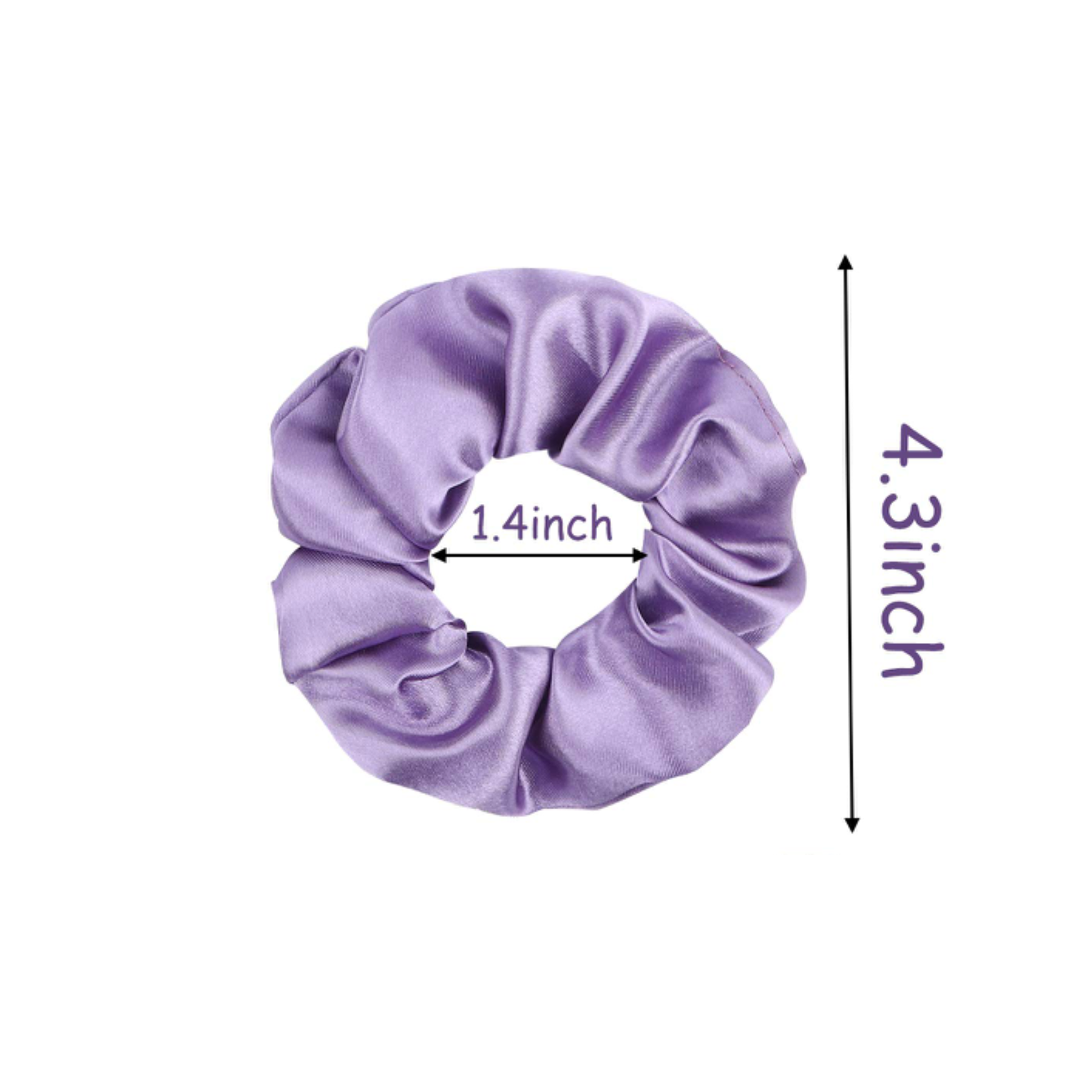 Purple scrunchie with measurements on a white background