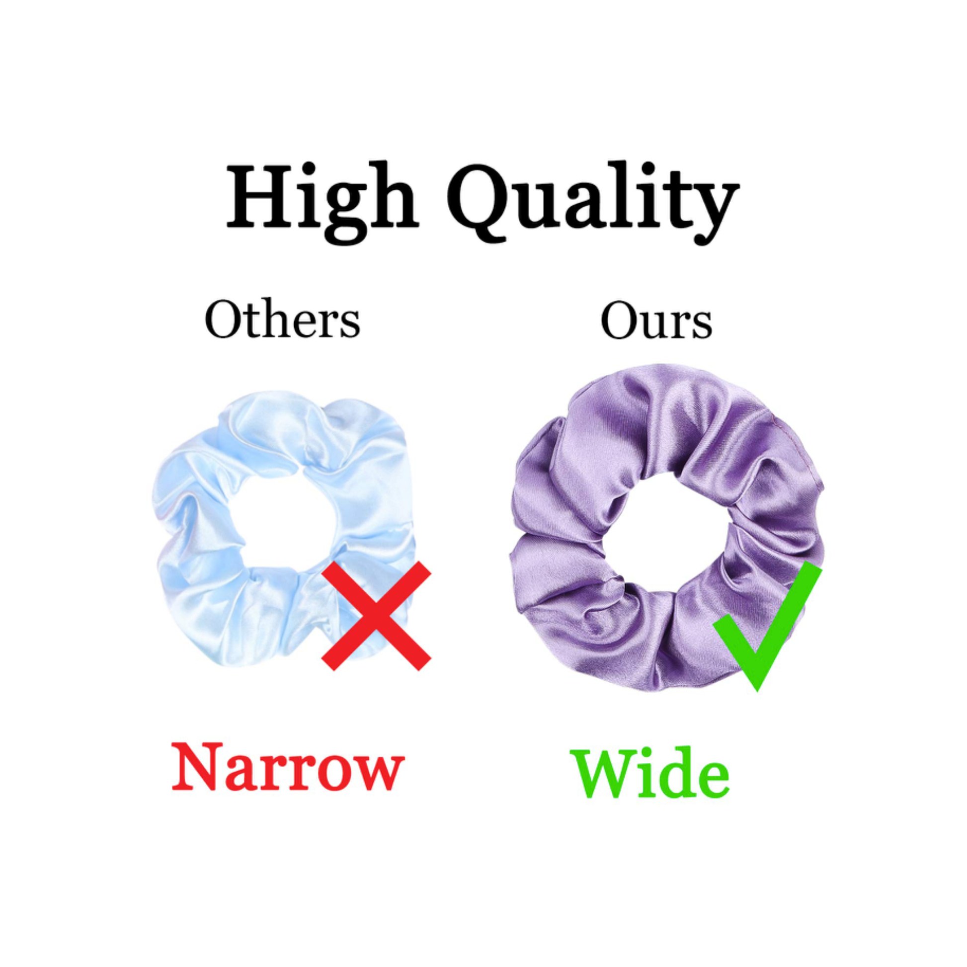 Comparison of a wide purple scrunchie labeled 'Ours' versus a narrow blue scrunchie labeled 'Others' on a white background.