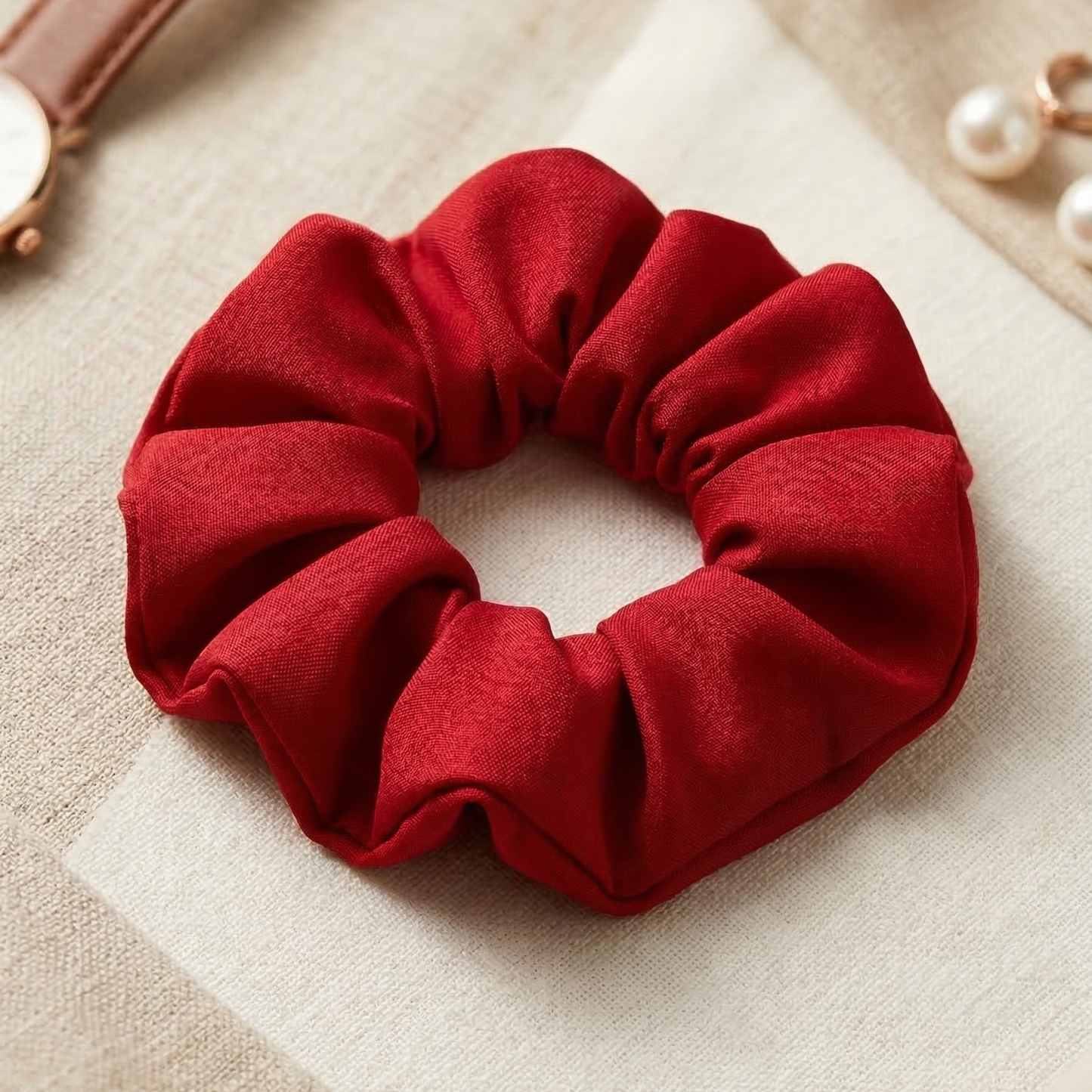 Red scrunchie on a beige surface with jewelry in the background
