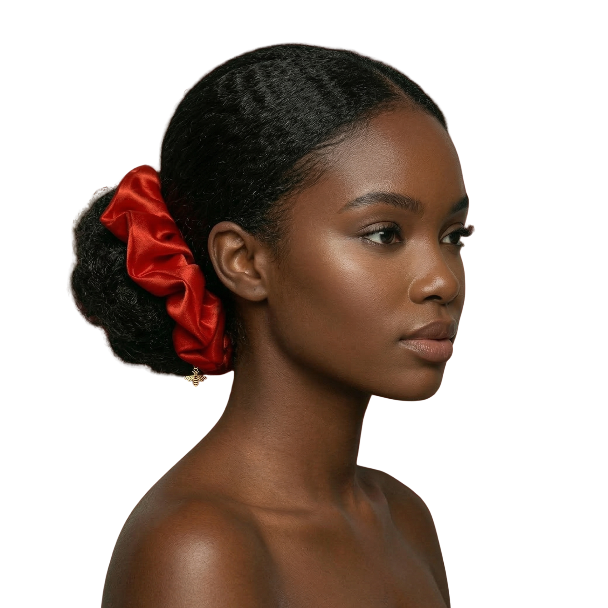 Woman with a red hair accessory in her hair on a white background