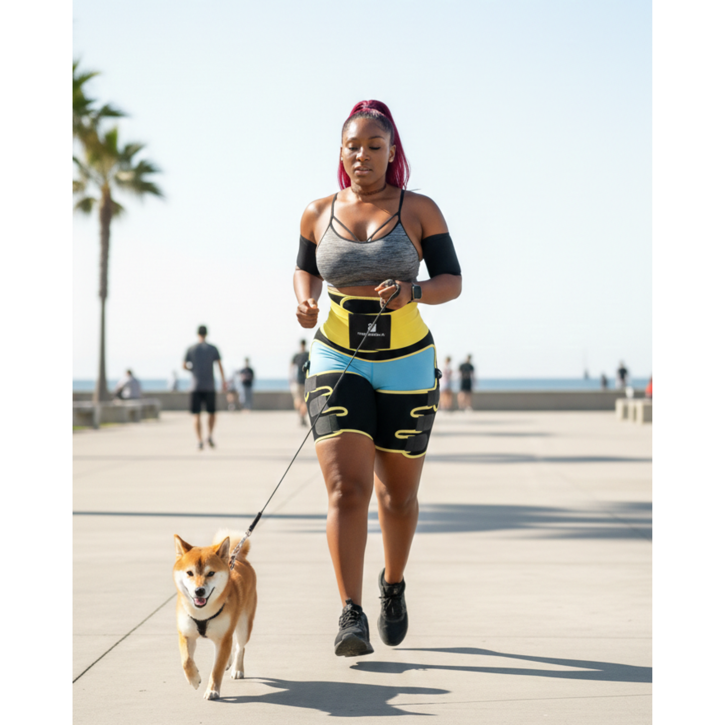 Woman walking a dog on a leash in an urban setting with palm trees and people in the background.