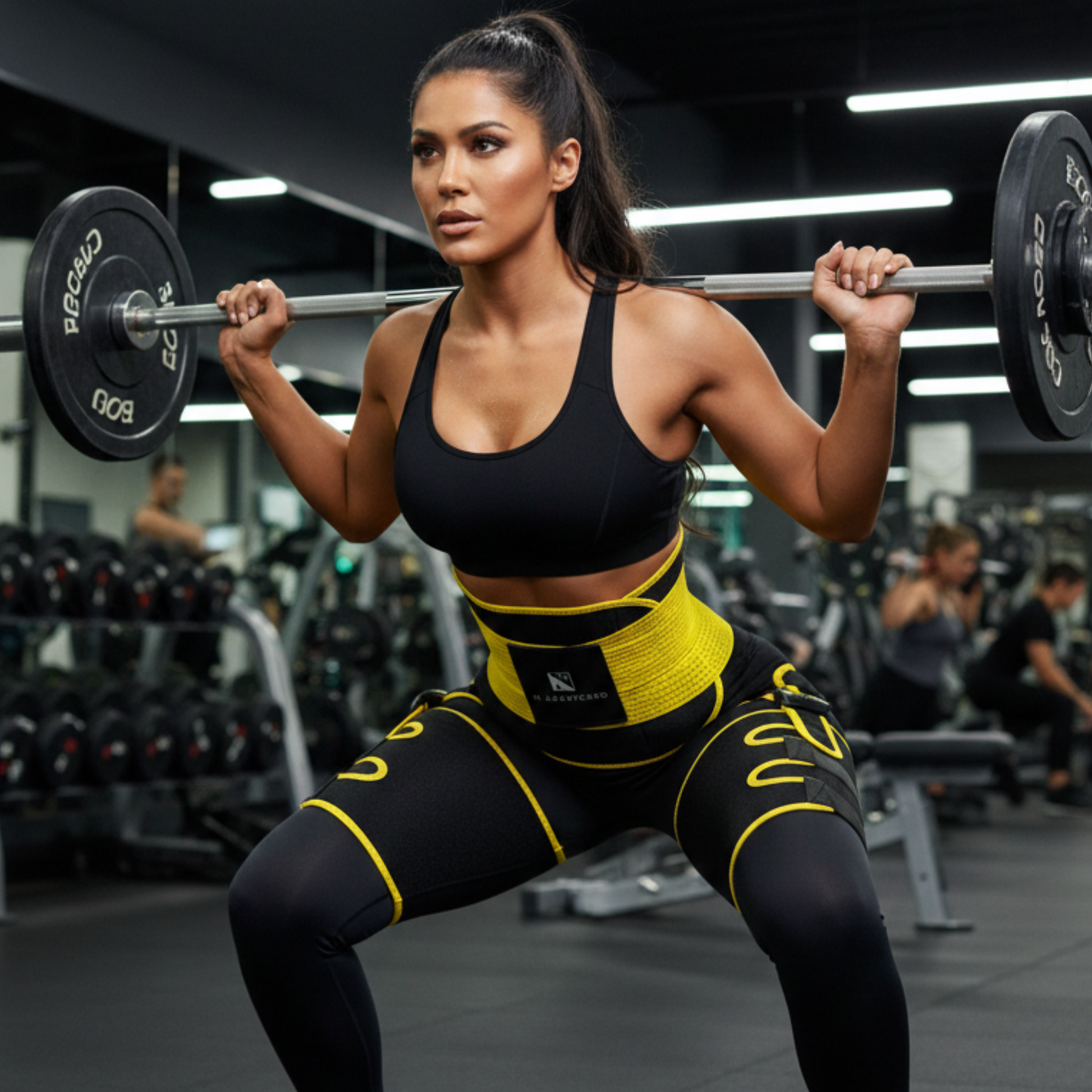 Woman lifting a barbell in a gym setting