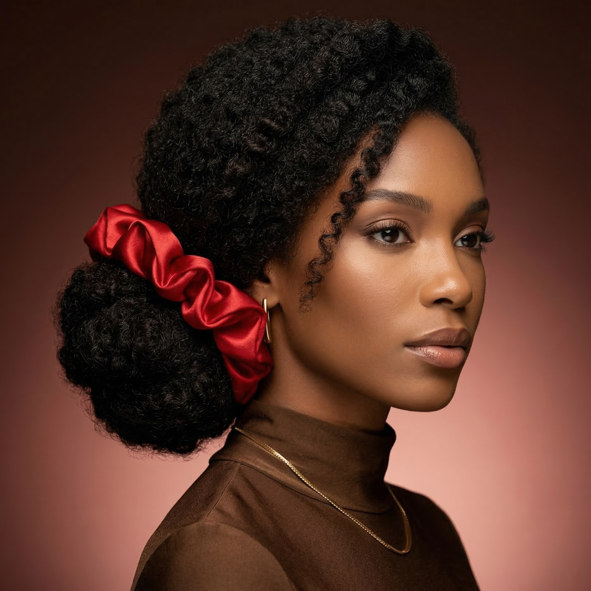 Woman with styled hair featuring a red scrunchie against a brown background