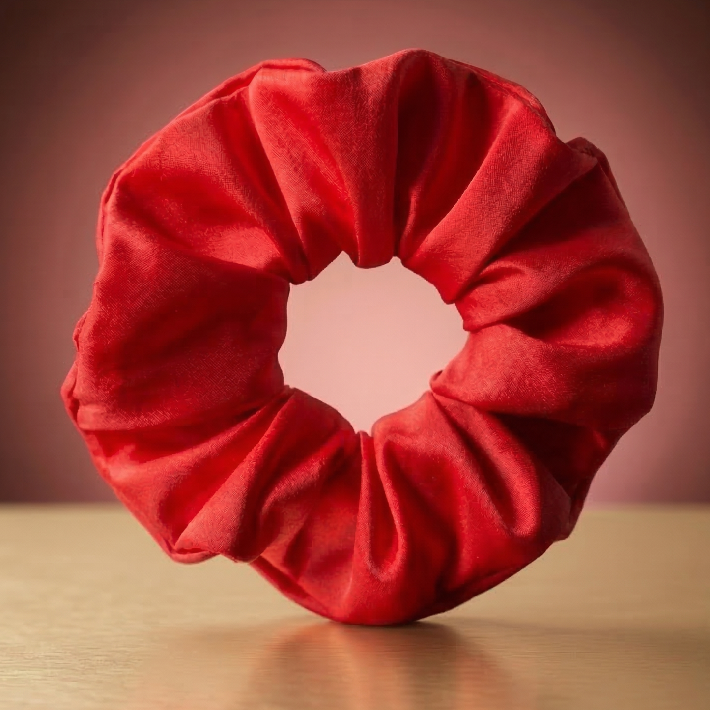 Red scrunchie on a reflective surface with a gradient background