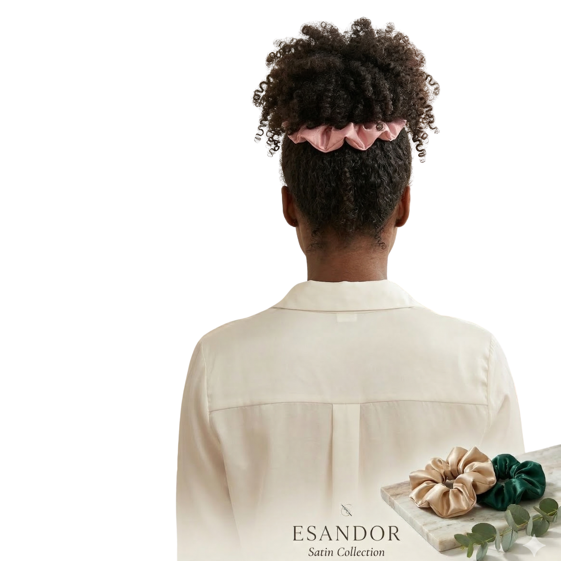 Person wearing a pink satin hair scrunchie with 'ESANDOR' branding on a white background.