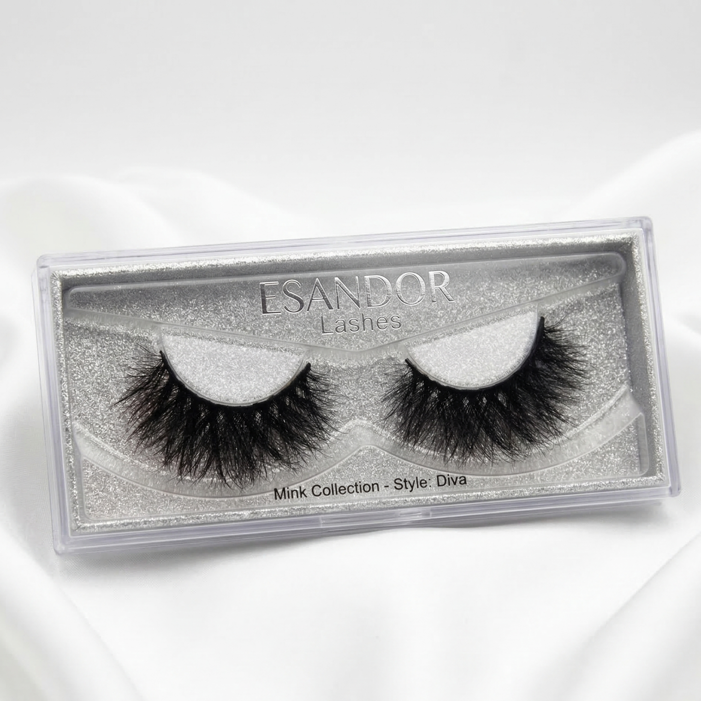 Esandor false eyelashes in a clear packaging box on a white background