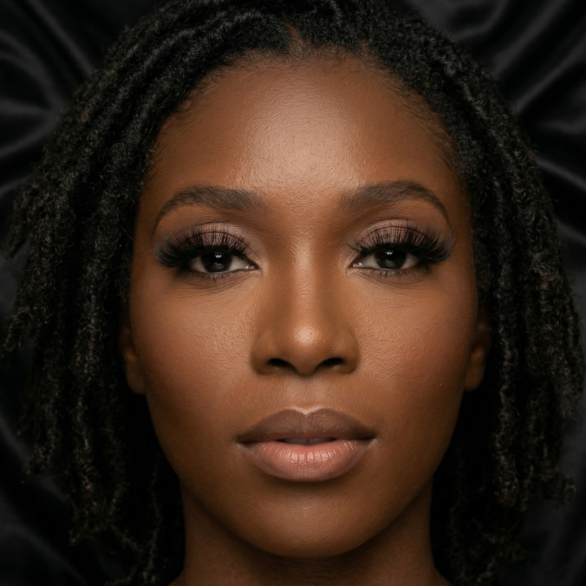 Close-up portrait of a woman with braided hair against a dark background