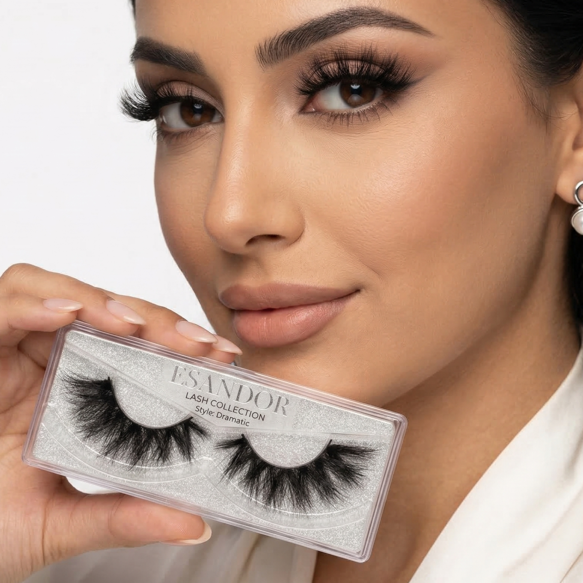 Woman holding a package of ESANDOR false eyelashes against a neutral background