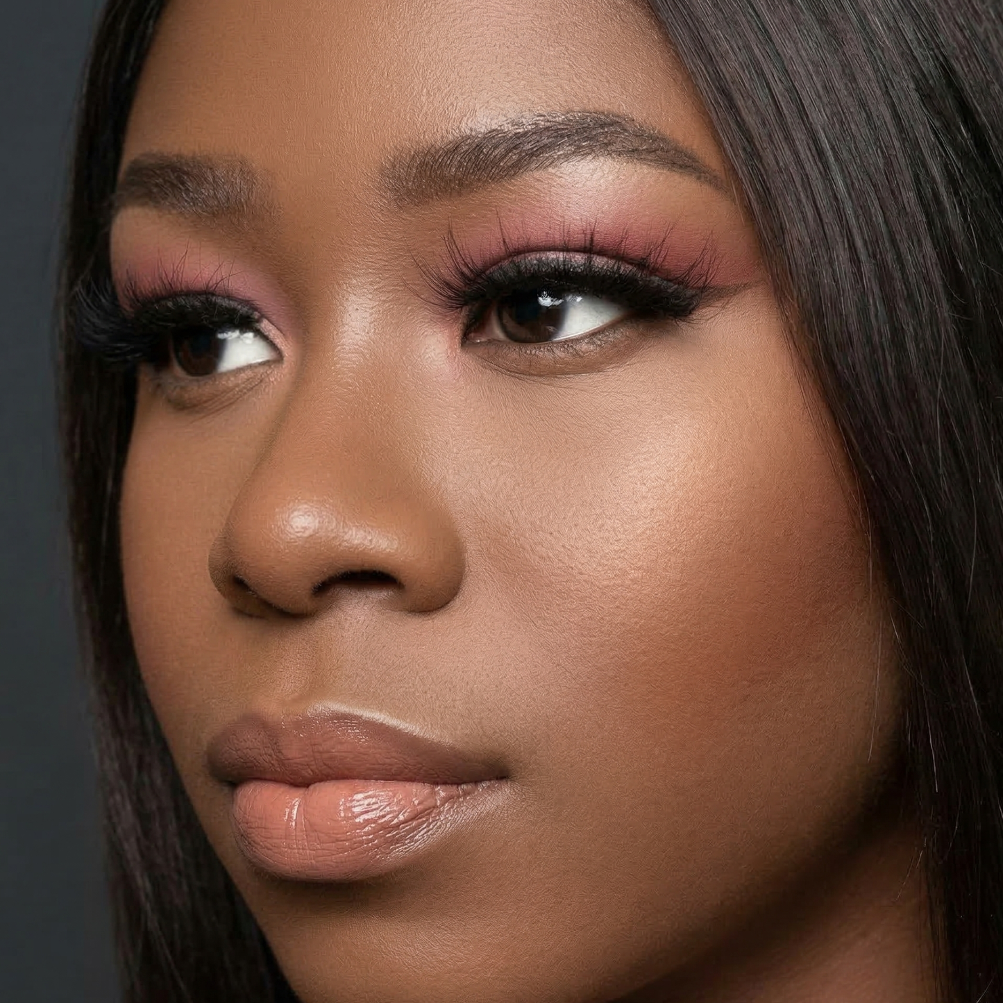 Close-up of a woman's face with makeup on a dark background