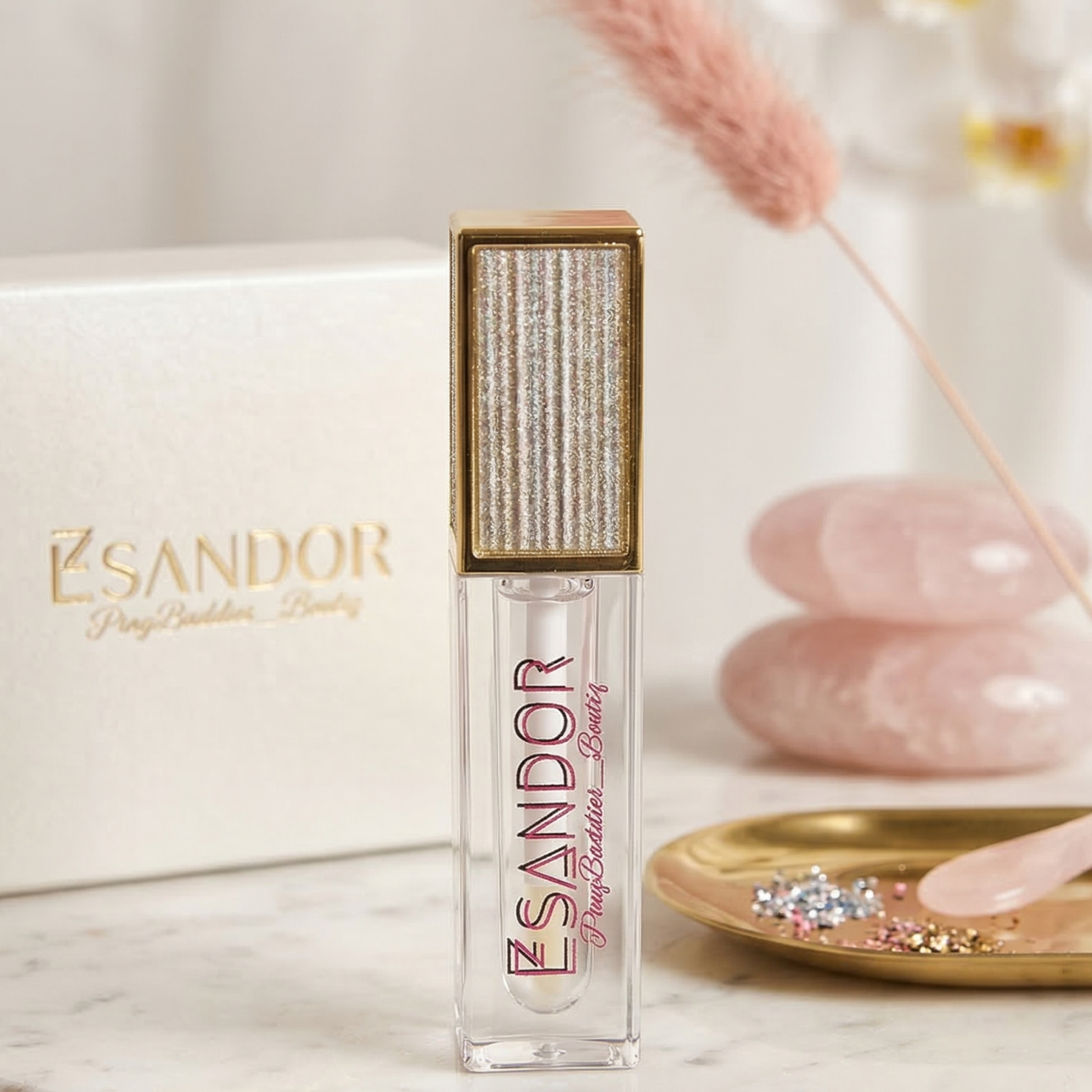 Esandor lip balm with decorative packaging on a marble surface