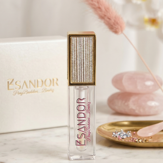 Esandor lip balm with decorative packaging on a marble surface