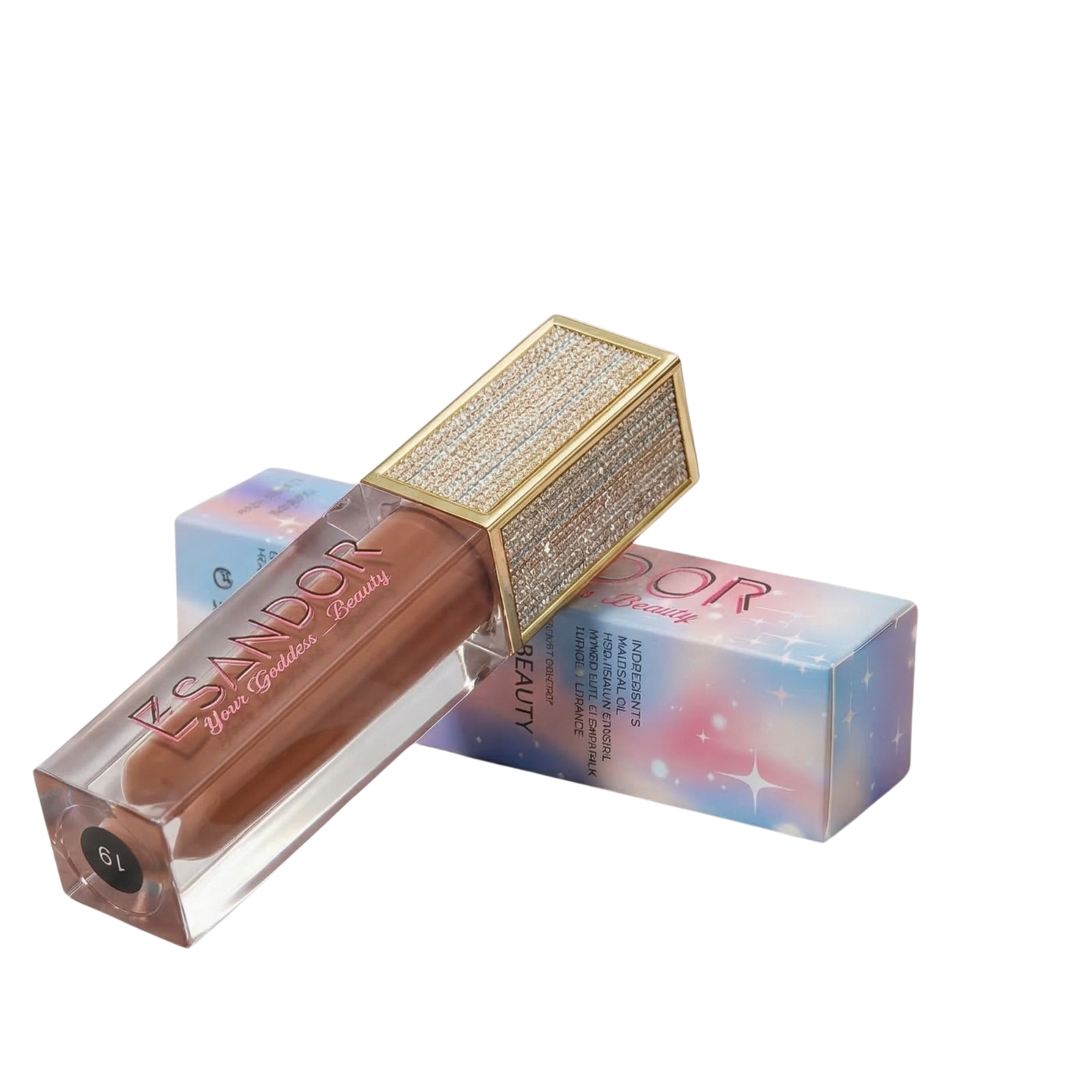 Lip gloss with decorative packaging on a white background