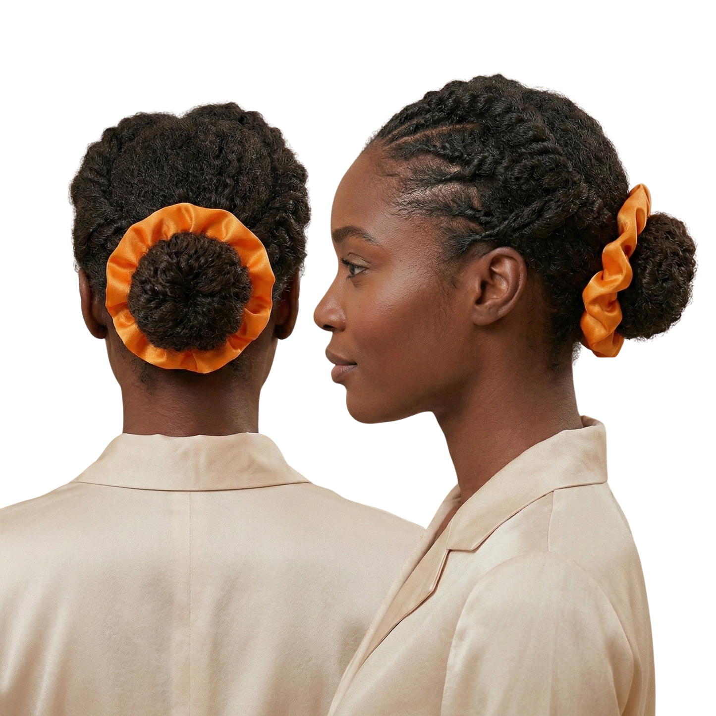 Woman with braided hair styled with orange scrunchies on a white background