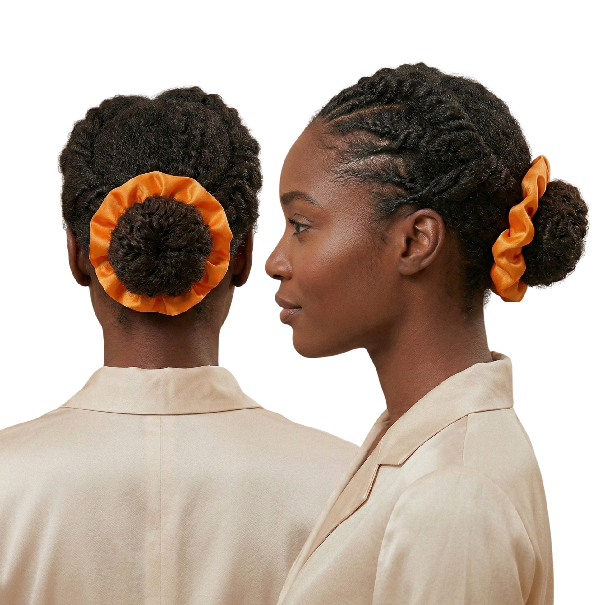Woman with braided hair styled with orange scrunchies on a white background