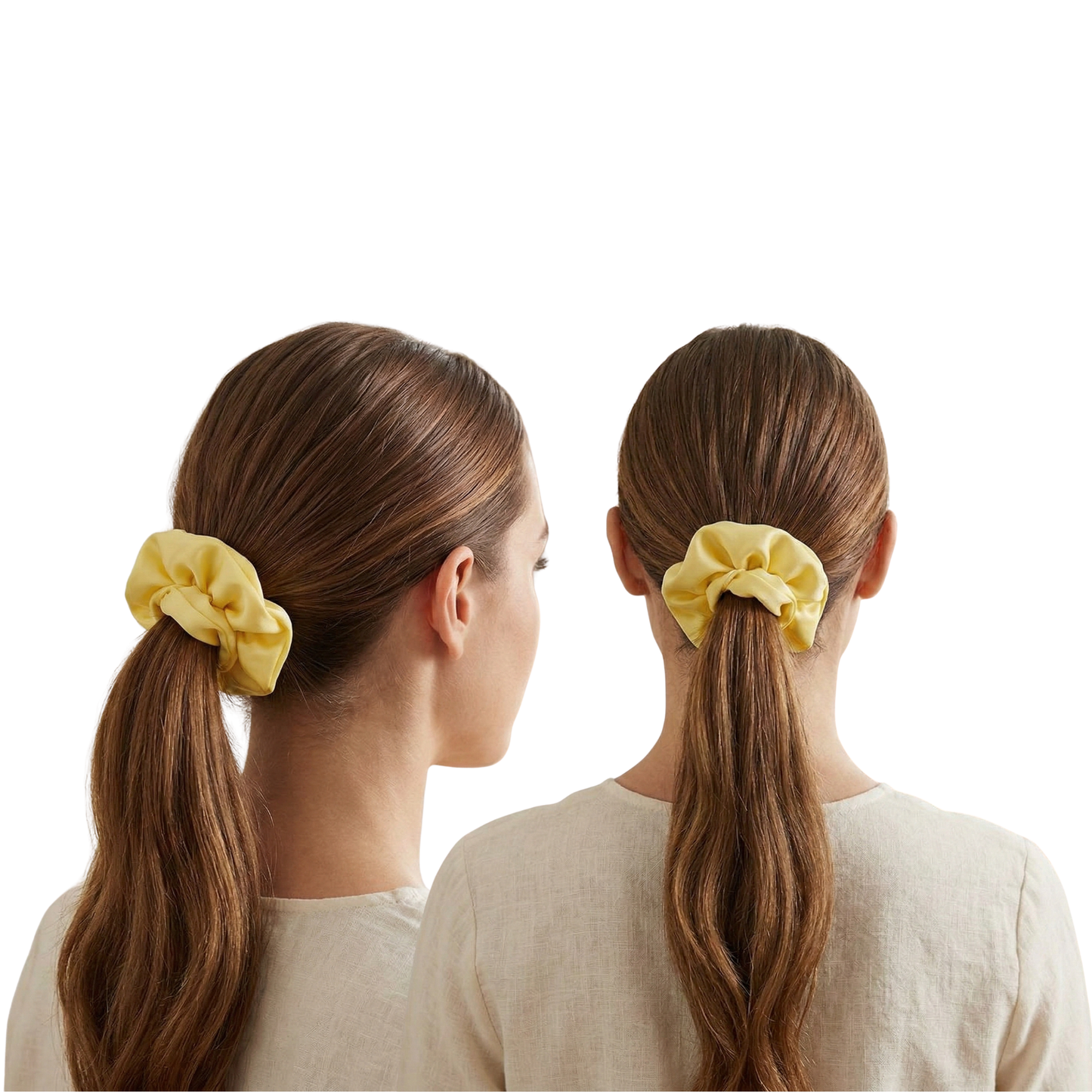 Two women with yellow scrunchies in their hair on a white background