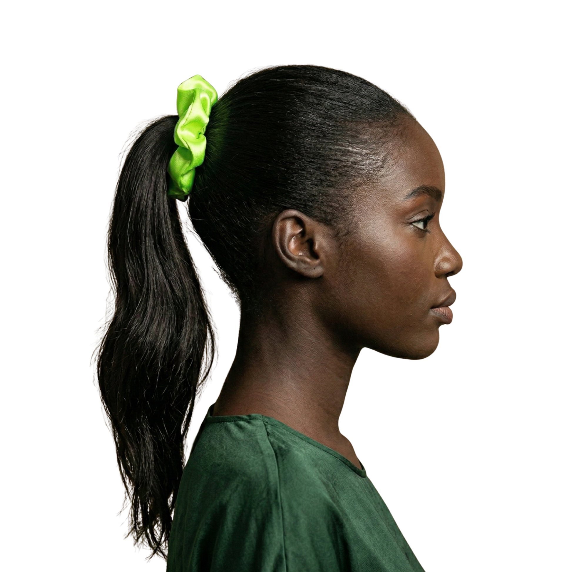 Woman with a ponytail and green scrunchie on a white background