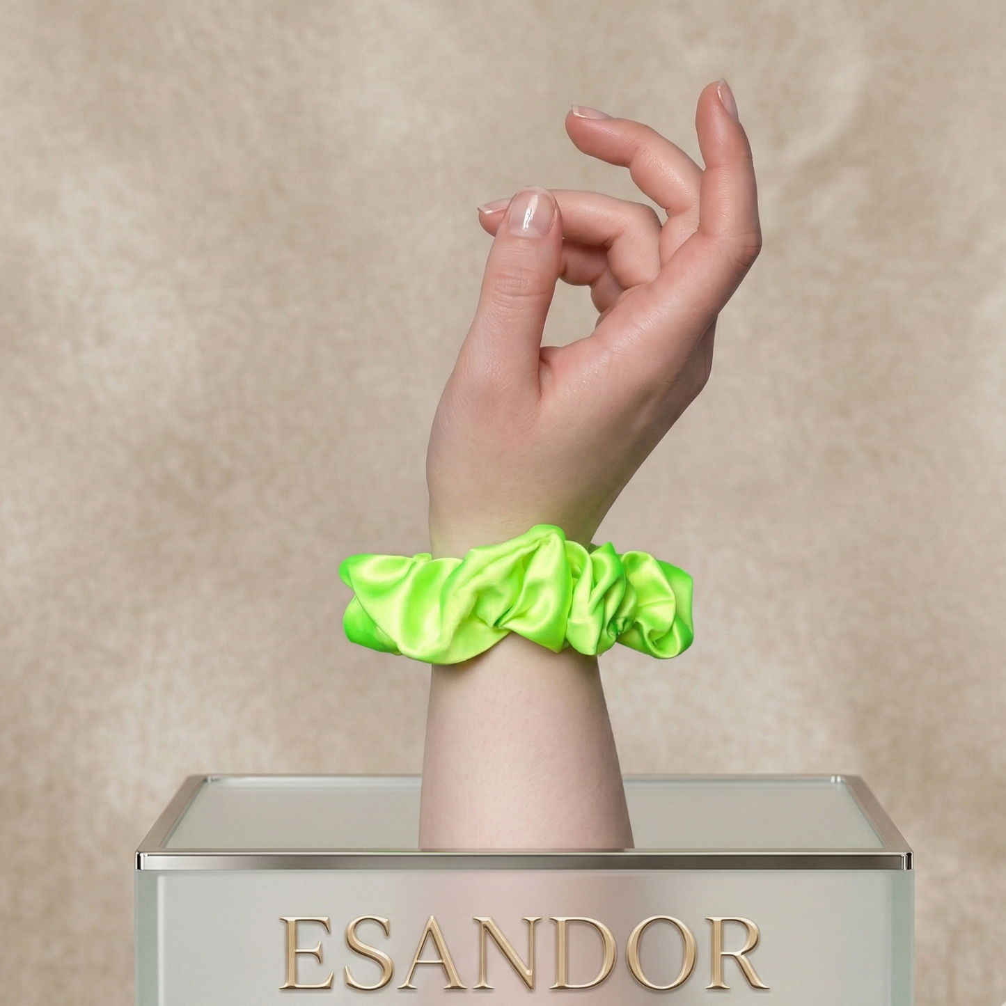 Neon Green Satin Scrunchie - Anti-Frizz Hair Tie | ESANDOR