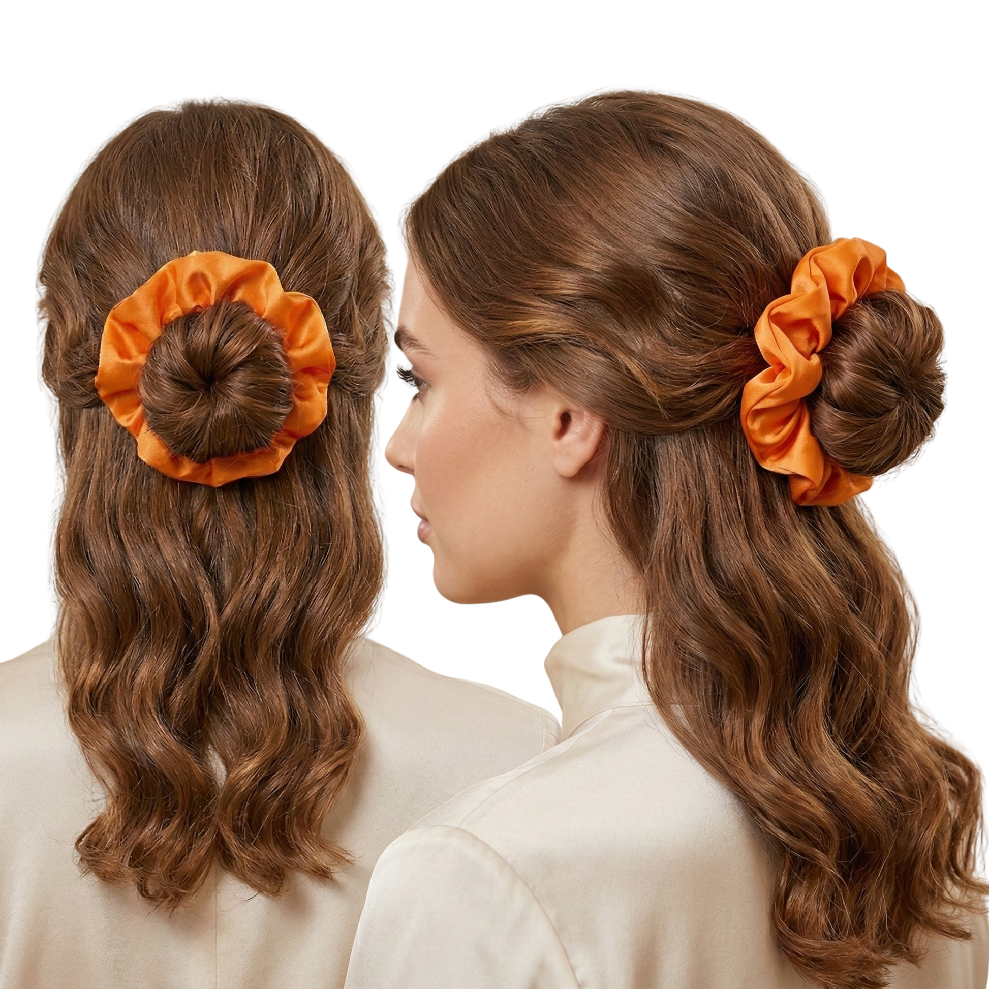 Woman with styled hair featuring an orange scrunchie on a white background