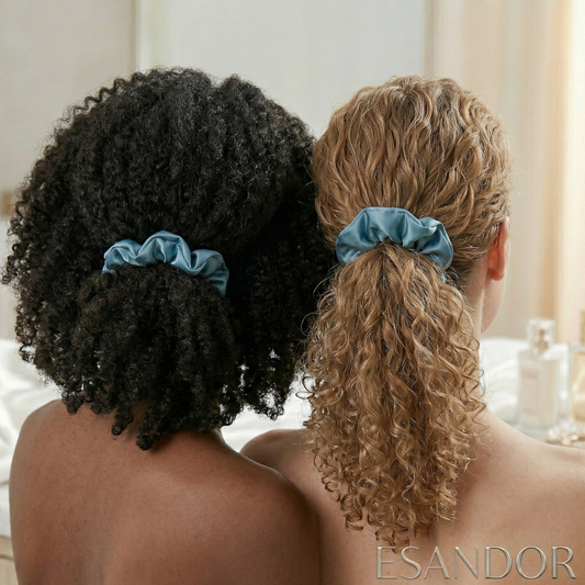 Two women with styled hair using blue scrunchies, with 'ESANDOR' branding.