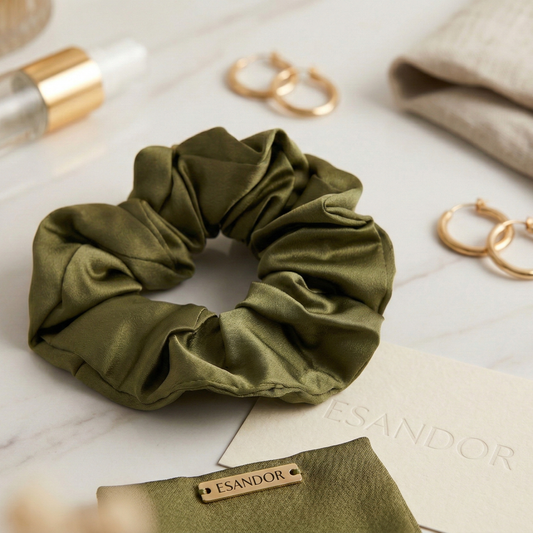 Green scrunchie with 'ESANDOR' branding on a marble surface with jewelry and a bottle.