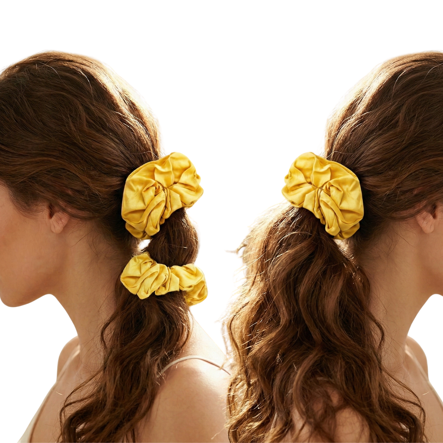 Two yellow scrunchies on a woman's hair against a white background