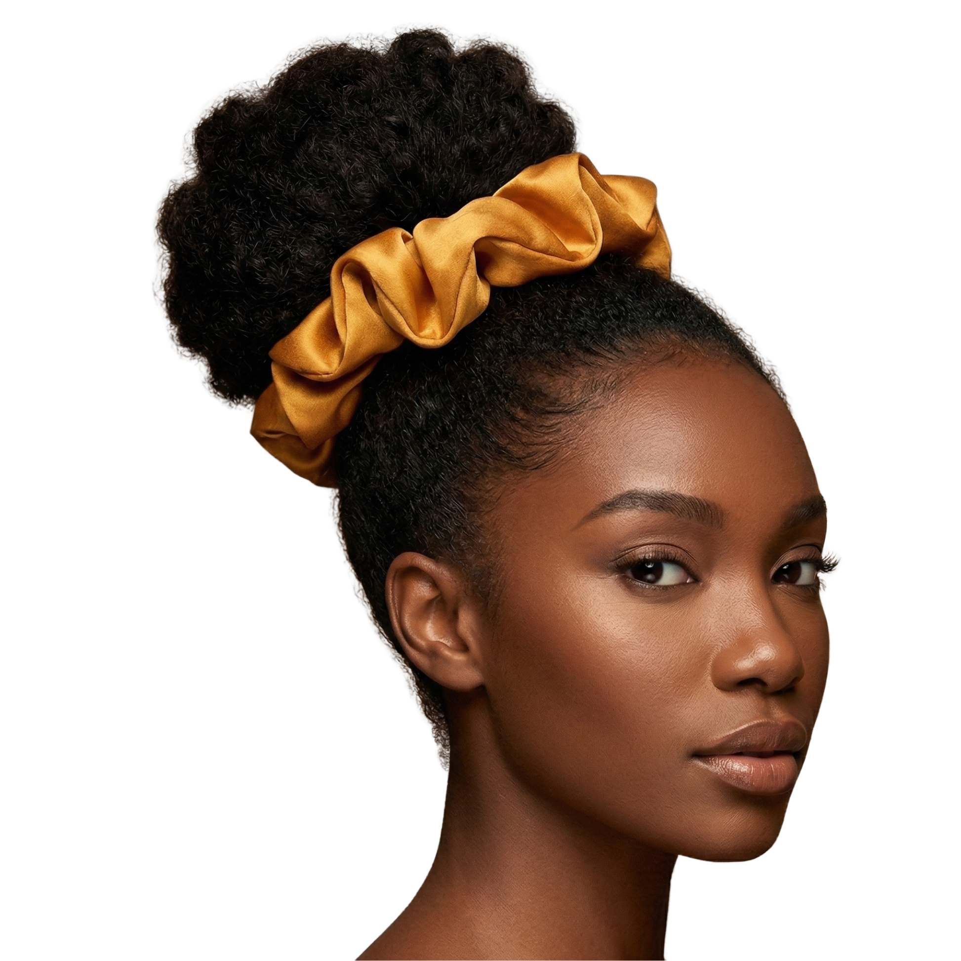 Woman with a gold scrunchie in her hair on a white background