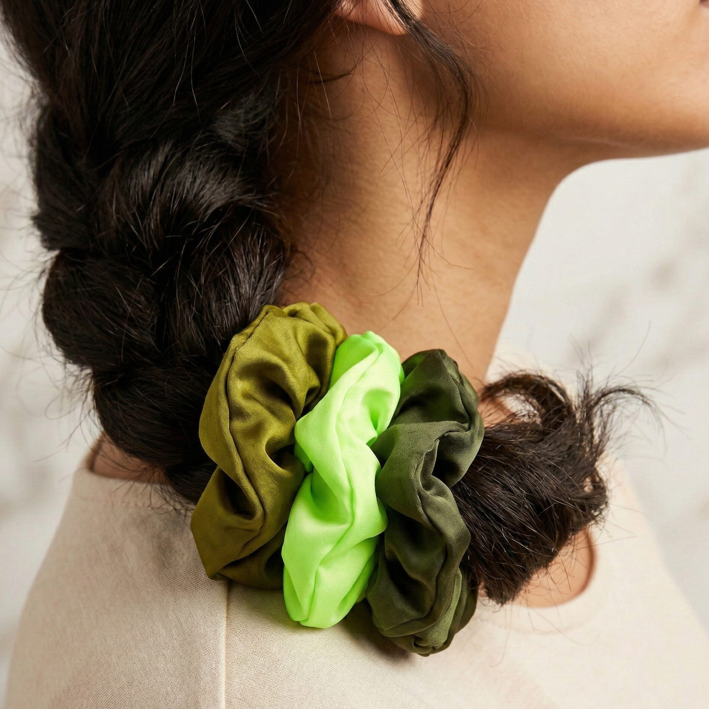 Elevate Your Everyday: The Fever Green Satin Scrunchie Set