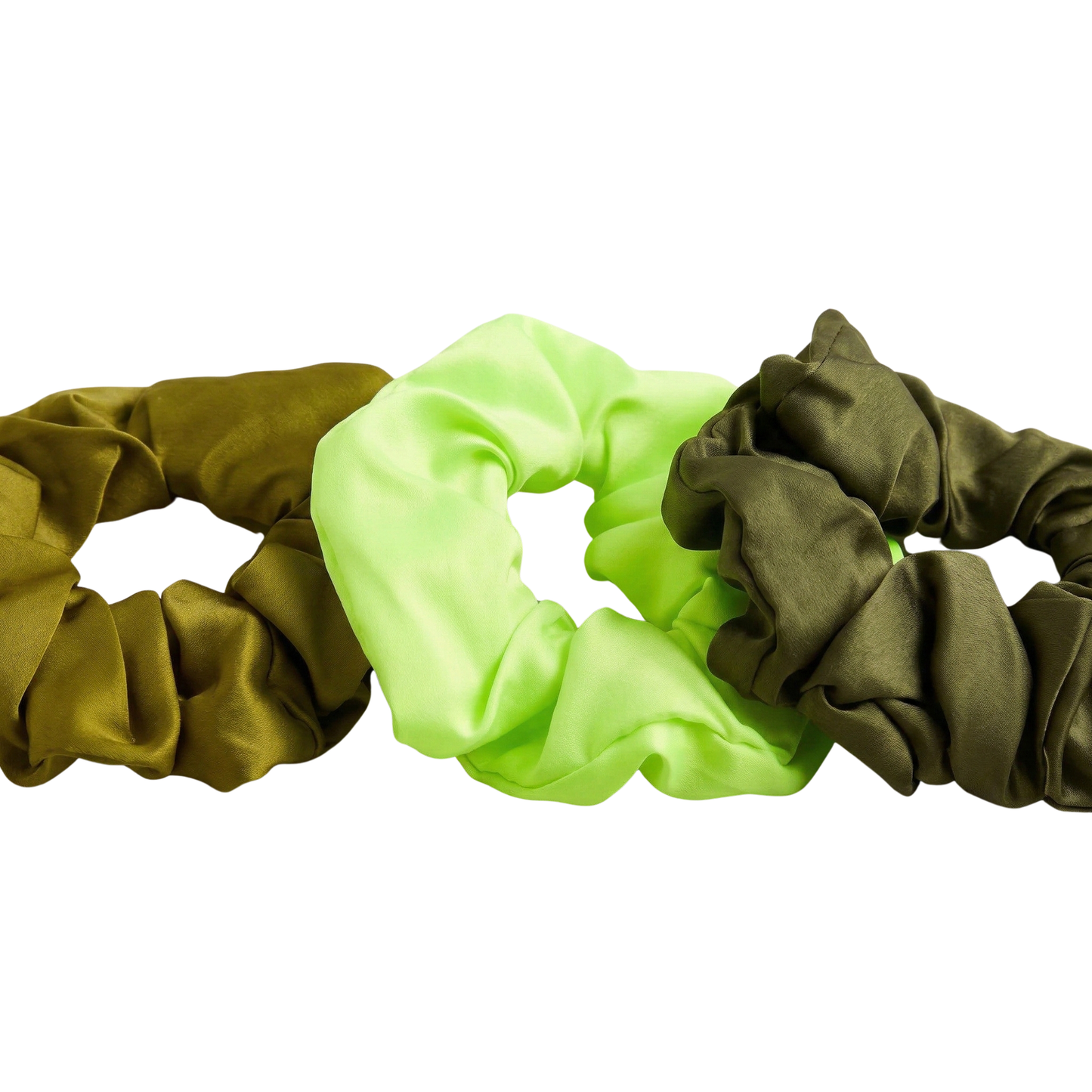 Three scrunchies in green, brown, and olive on a white background