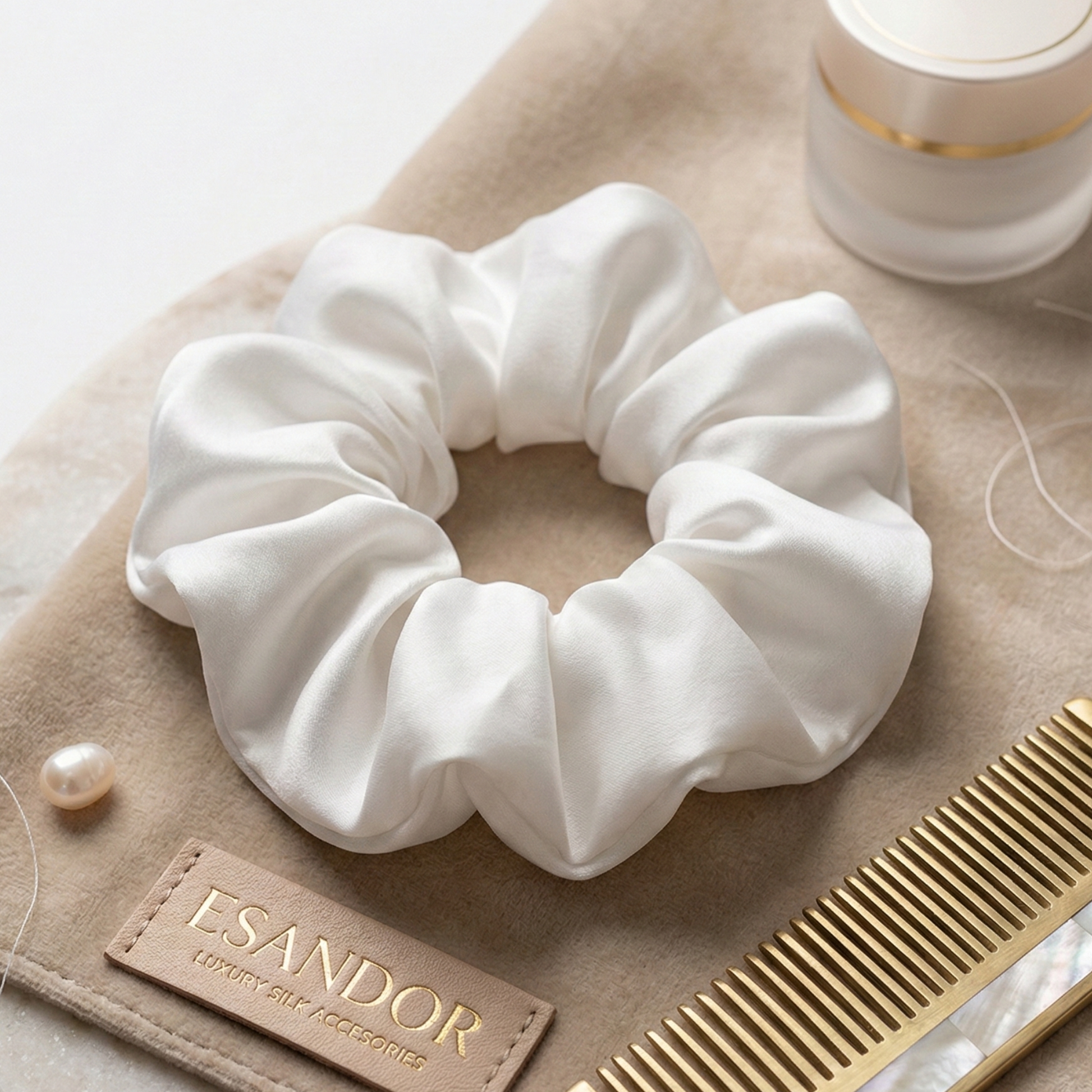 White scrunchie on a beige mat with 'Esandor' branding, pearl, and gold comb.