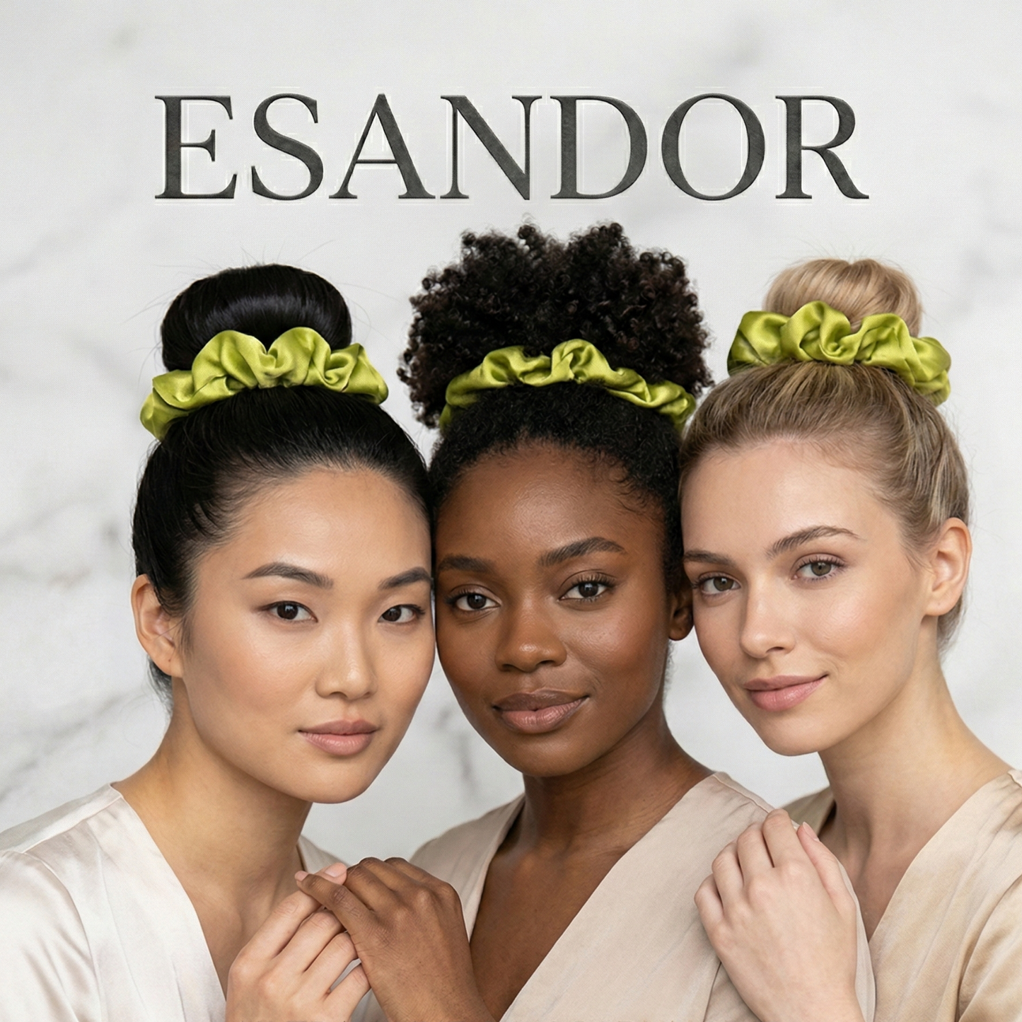 Three women with green scrunchies on their heads, featuring the brand 'ESANDOR'.