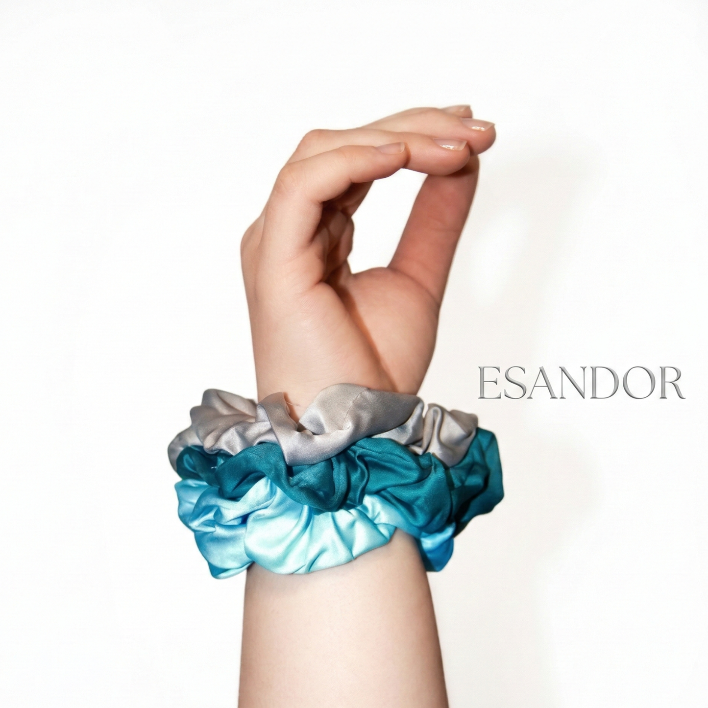 Ocean Blue Satin Scrunchie Set of 3