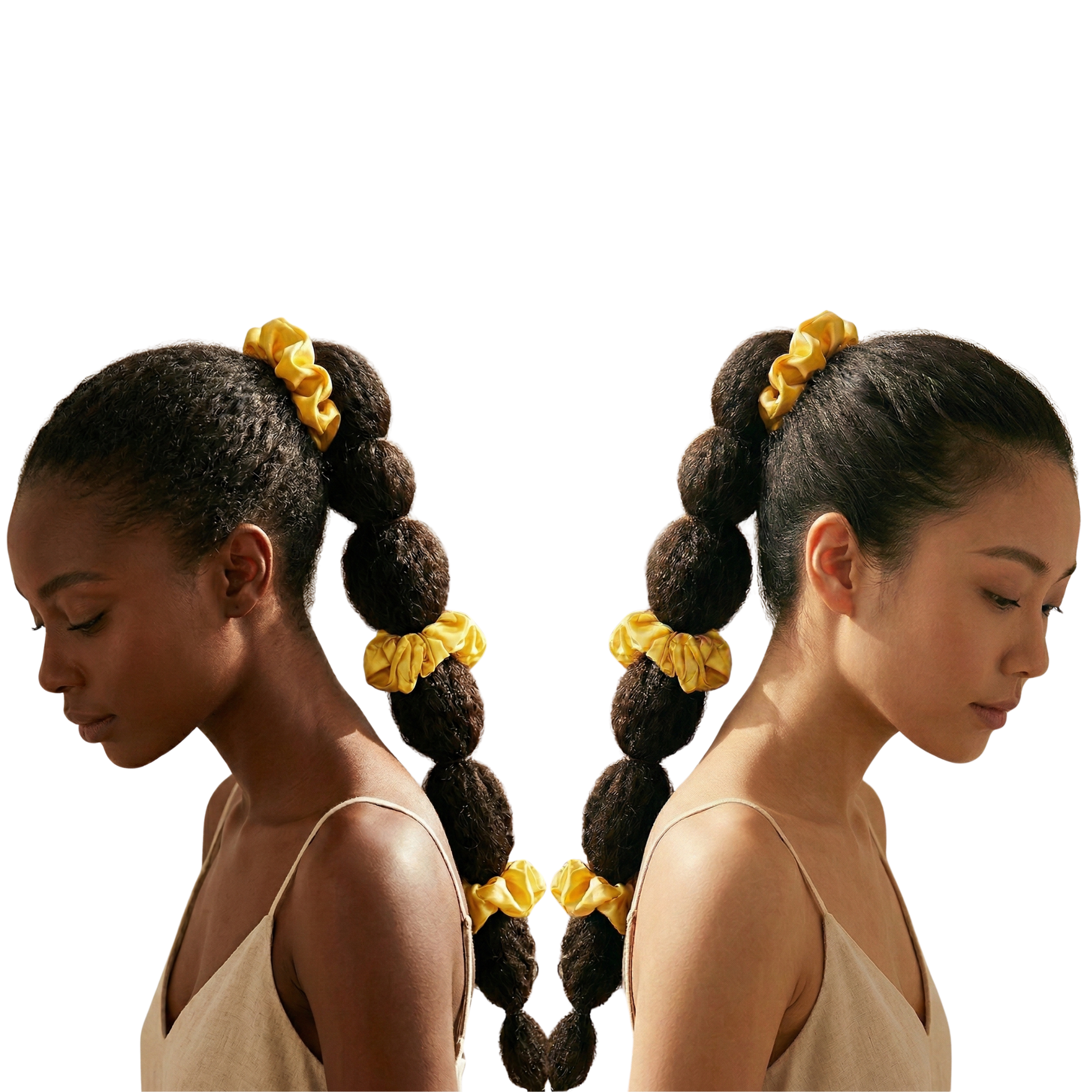 Two women with styled hair featuring yellow scrunchies on a white background