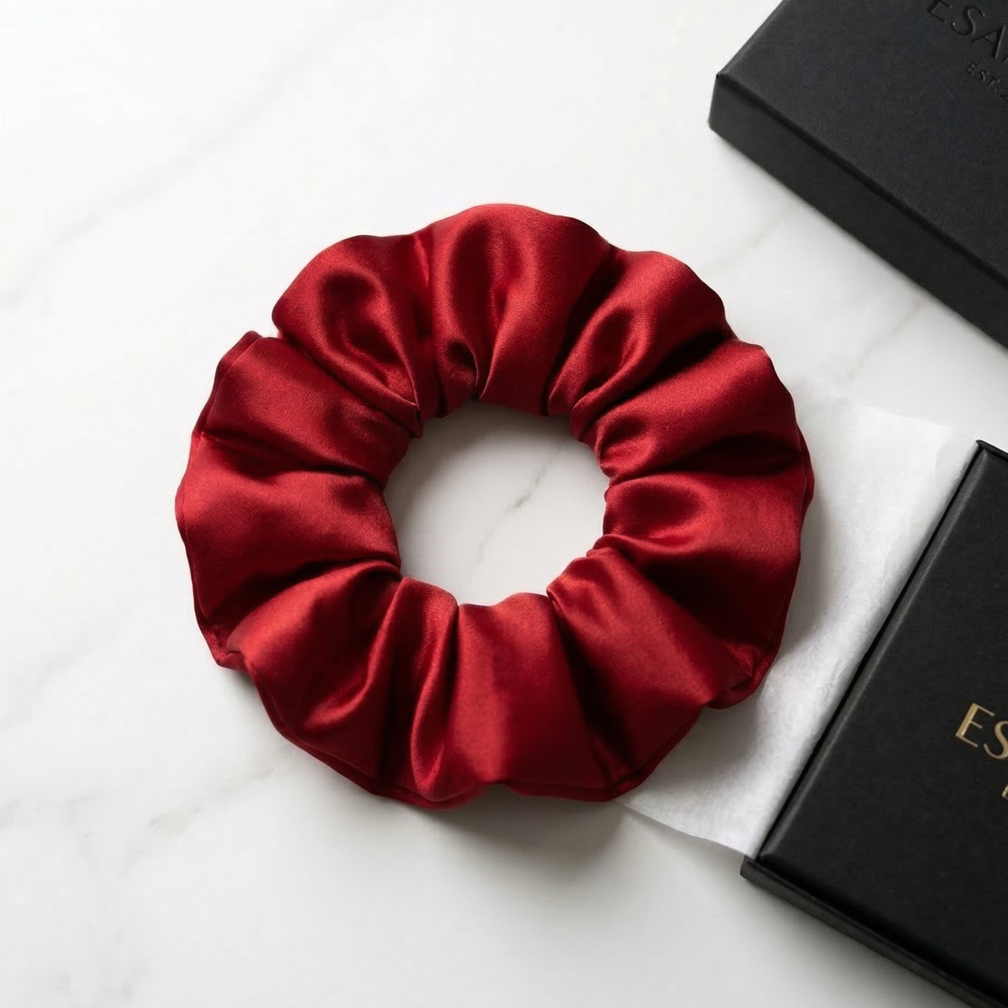 Crimson Coal Satin Silk Scrunchie - Ultra-Gentle & Luxurious Hold | ESANDOR