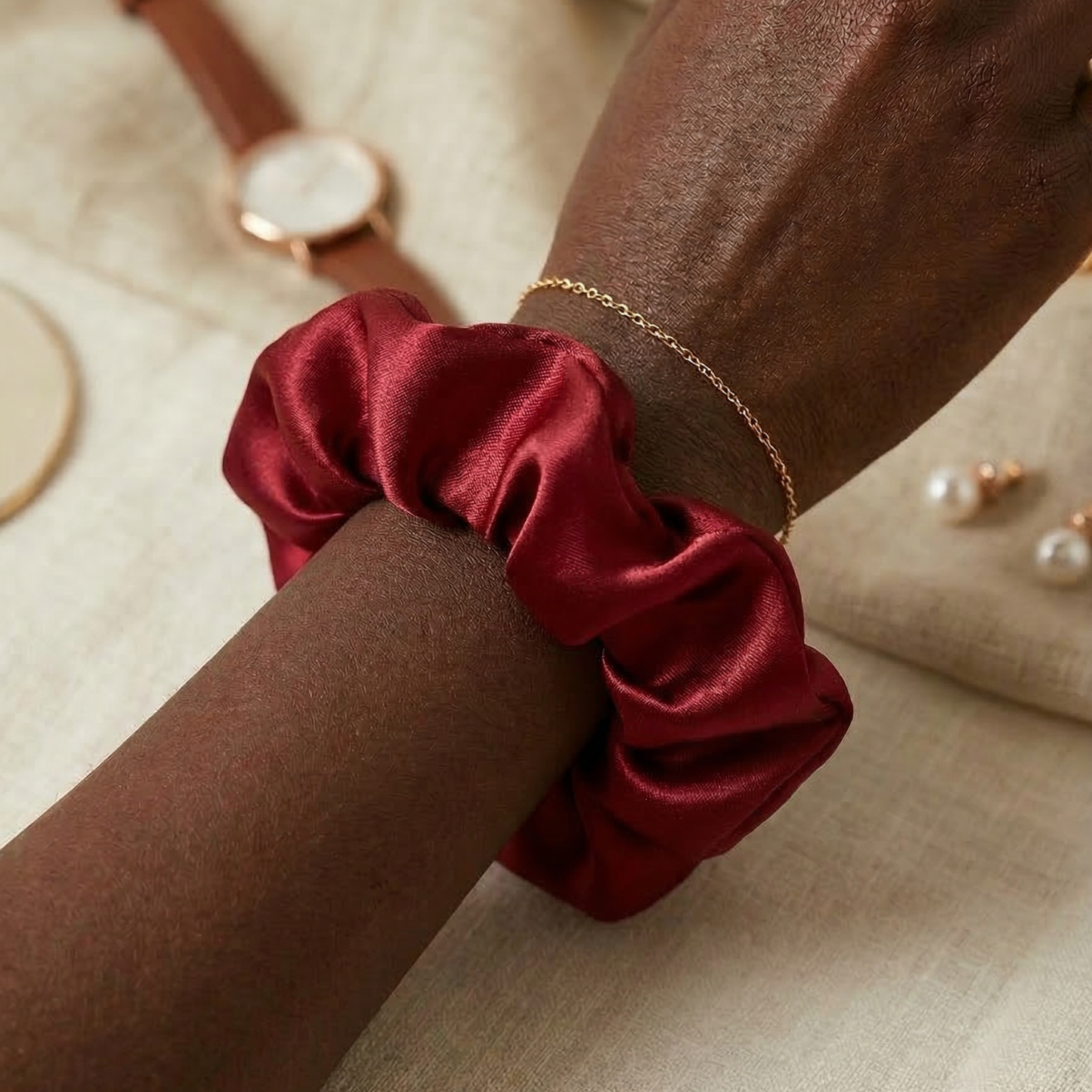 Crimson Coal Satin Silk Scrunchie - Ultra-Gentle & Luxurious Hold | ESANDOR